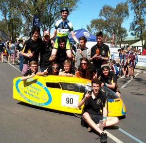 Bendigo Senior SC's creatively titled 'Grand Theft Mango' HPV team at the 2014 Australian International Pedal Prix (Pic by Damon Gill Shea)