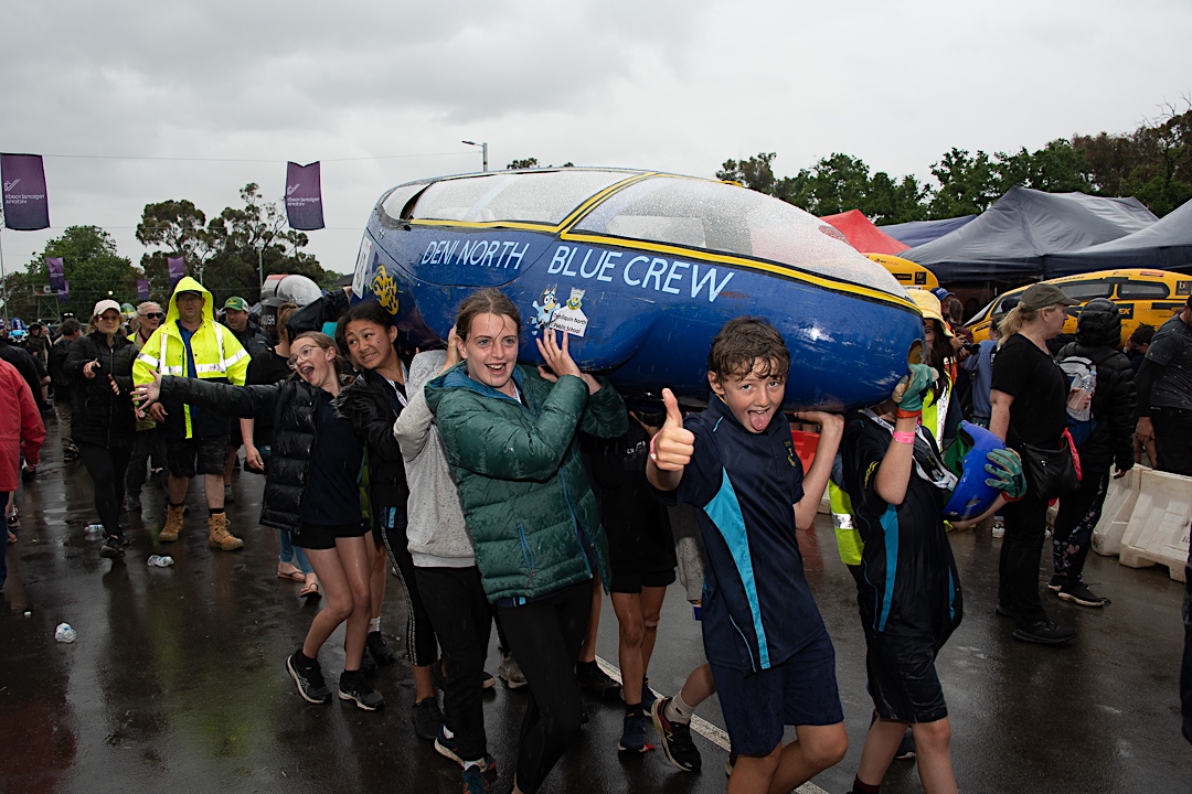 Human Powered Vehicles (HPV) school teams celebrate the finish of the endurance trial at the Energy Breakthrough in Maryborough, Victoria.