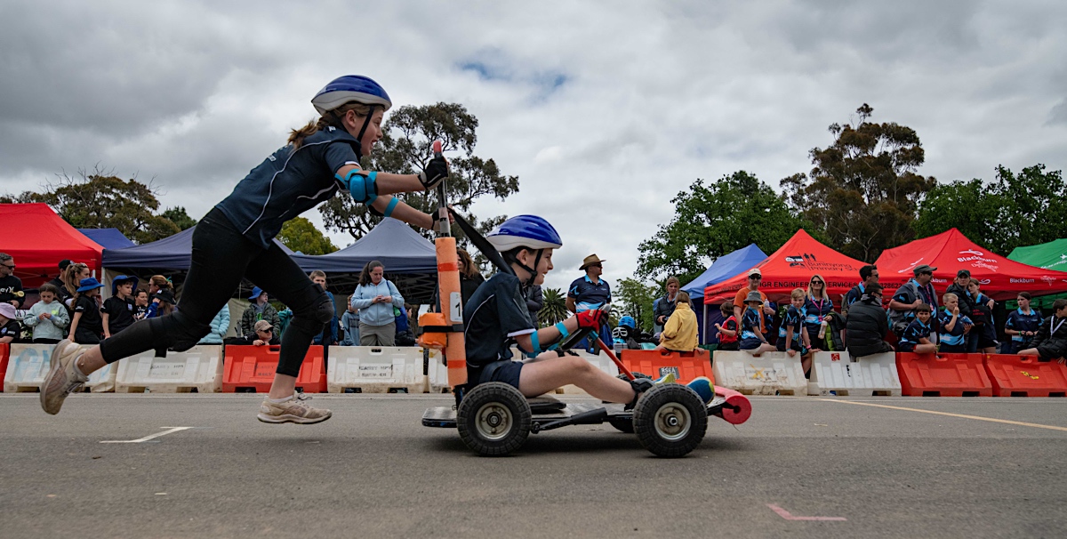 School students participate in pushcarts at the Energy Breakthrough - Maryborough, Victoria.