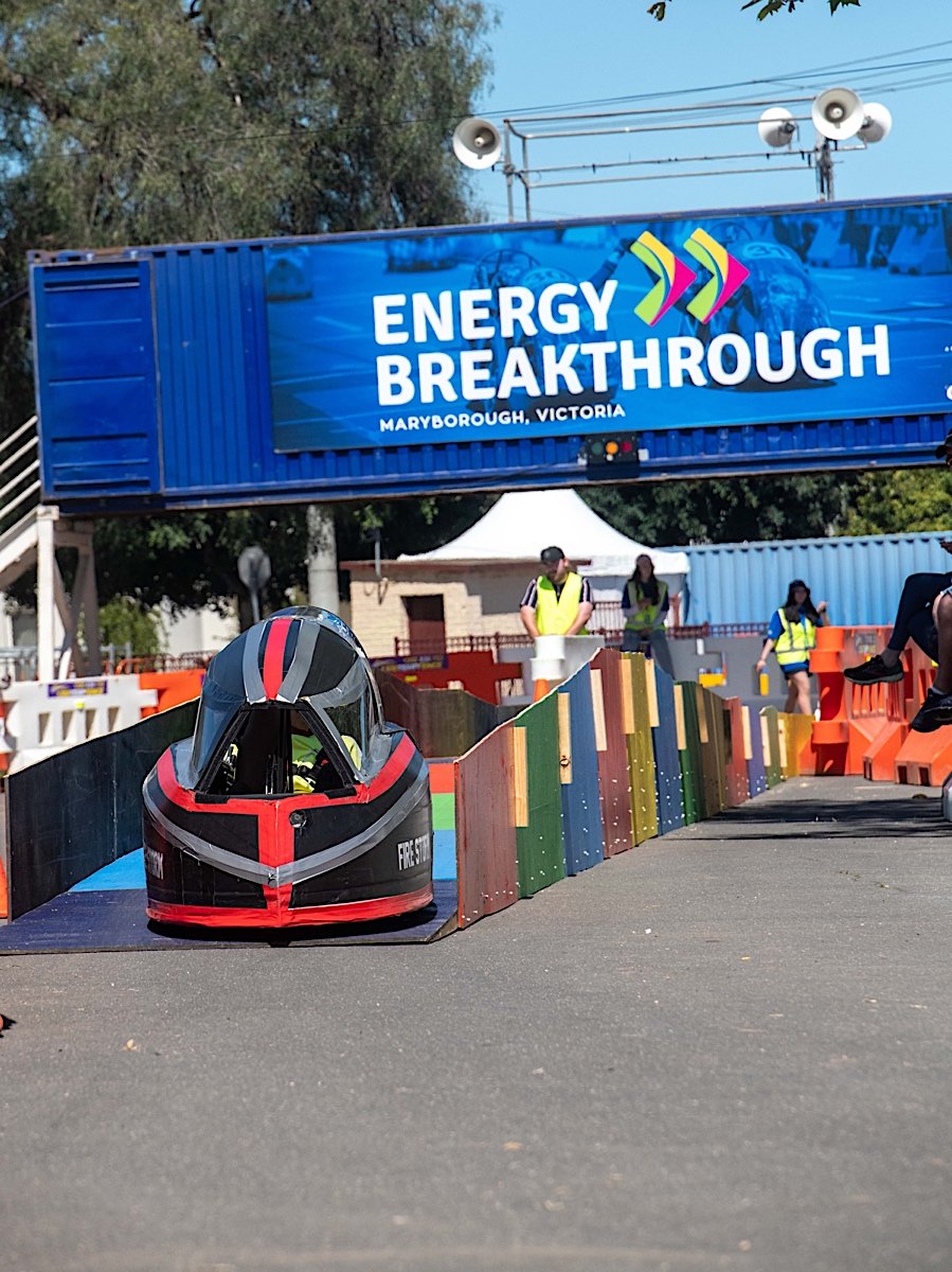 Students in the TRYathlon (Human Powered Vehicles (HPV)) participate in the obstacle course at the Energy Breakthrough - Maryborough, Victoria.