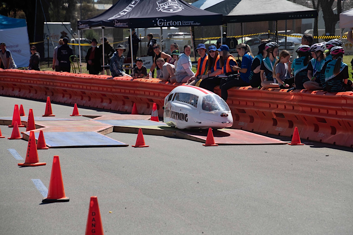Students in the TRYathlon (Human Powered Vehicles (HPV)) participate in the obstacle course at the Energy Breakthrough - Maryborough, Victoria.