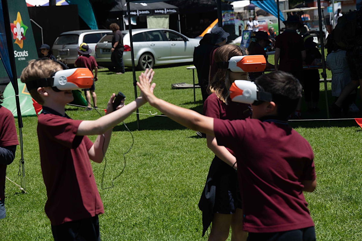 Students participate in the Scouts Victoria Virtual Reality activity at the Energy Breakthrough - Maryborough, Victoria.